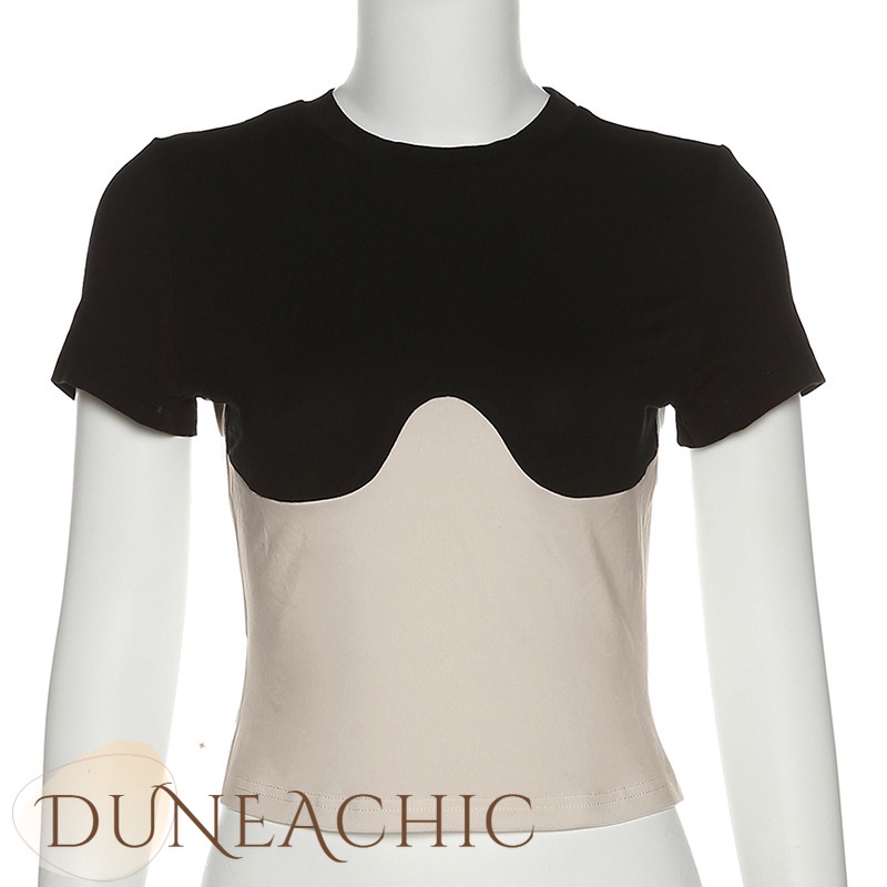 DUNEA Áo thun lửng tay ngắn cổ tròn màu tương phản quyến rũ thời trang dành cho nữ