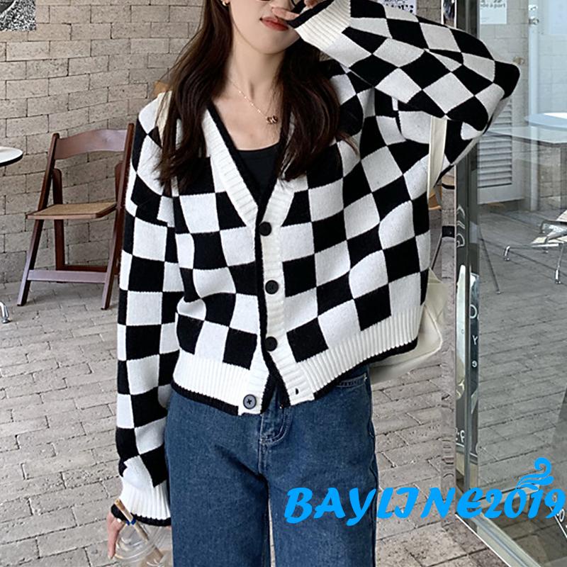 Áo khoác cardigan dệt kim cổ chữ v tay dài dáng rộng in họa tiết kẻ ô màu xanh lá/đen