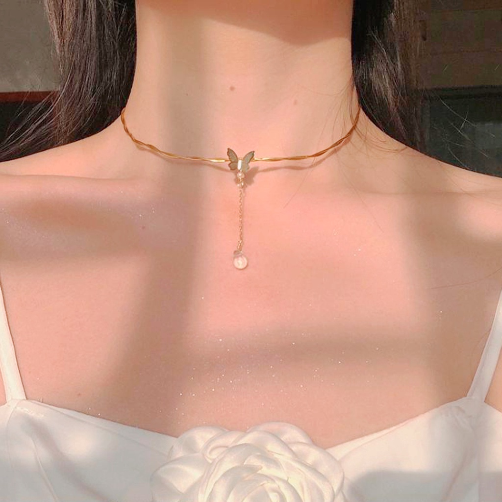 Vòng cổ Mặt Hình Bướm Đính Ngọc Trai Đơn Giản Thanh Lịch Cho Nữ