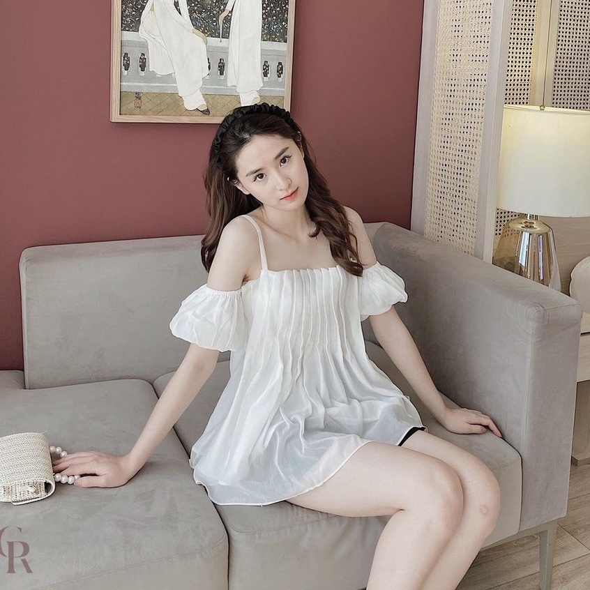 Áo trễ vai 2 dây nữ [2 lớp] chất tơ mềm ,tay bồng cao cấp thiết kế dập ly A-2DL