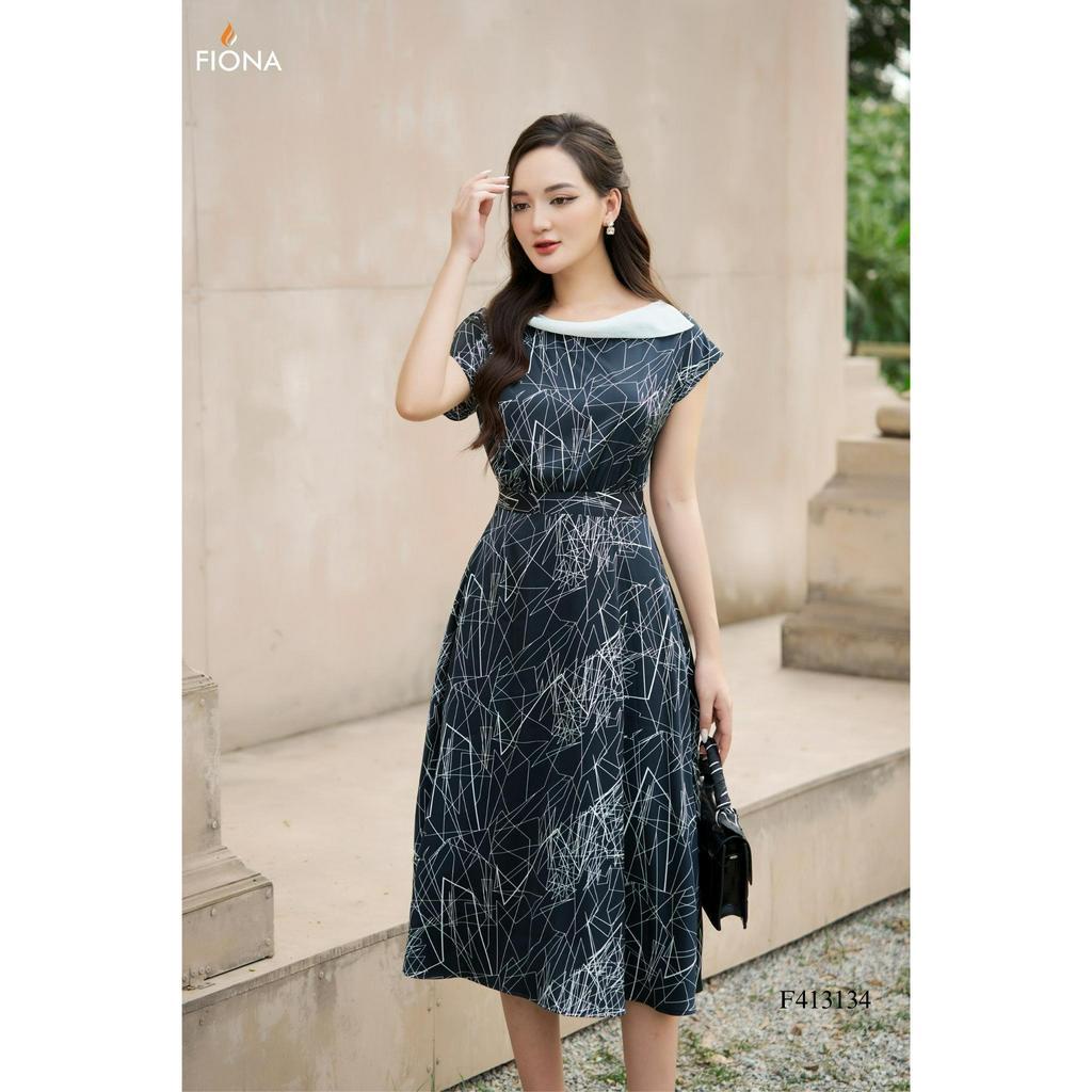 Đầm thiết kế cao cấp FIONA váy công sở nữ dáng dài họa tiết đen trắng cố phối oganza F413134