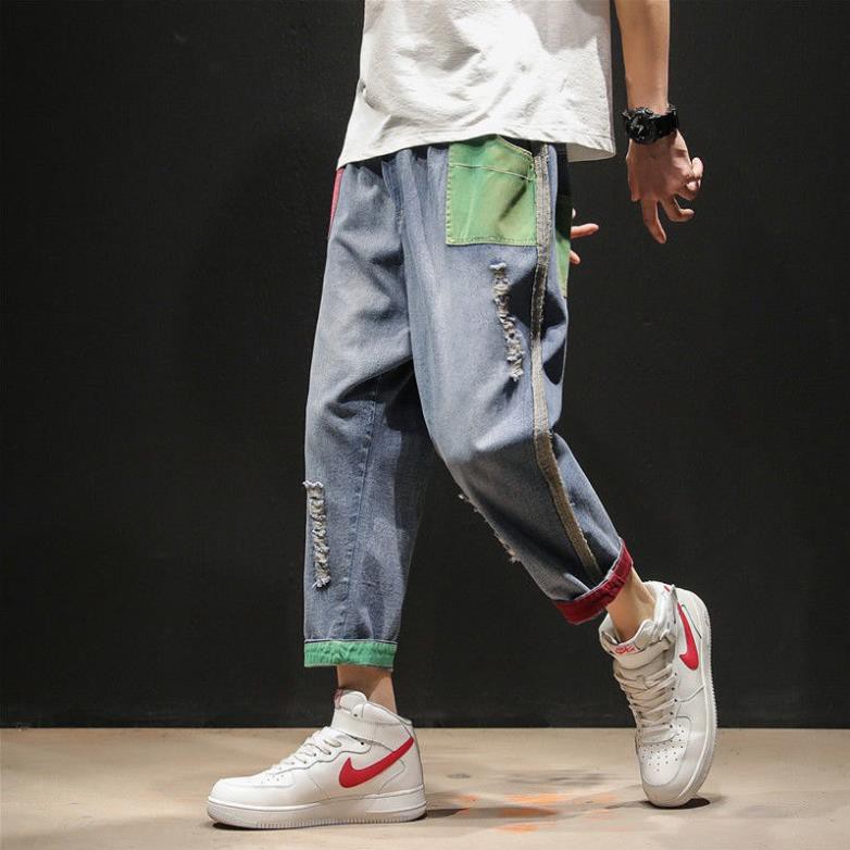 màu tương phản quần jean rách ống rộng nam phong cách Hàn Quốc 9 điểm âu ་ ..