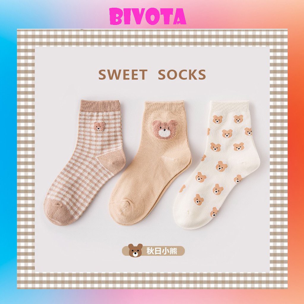 Tất cổ cao Bivota vớ tất gấu vintage cổ cao phong cách Hàn Quốc cực xinh T89