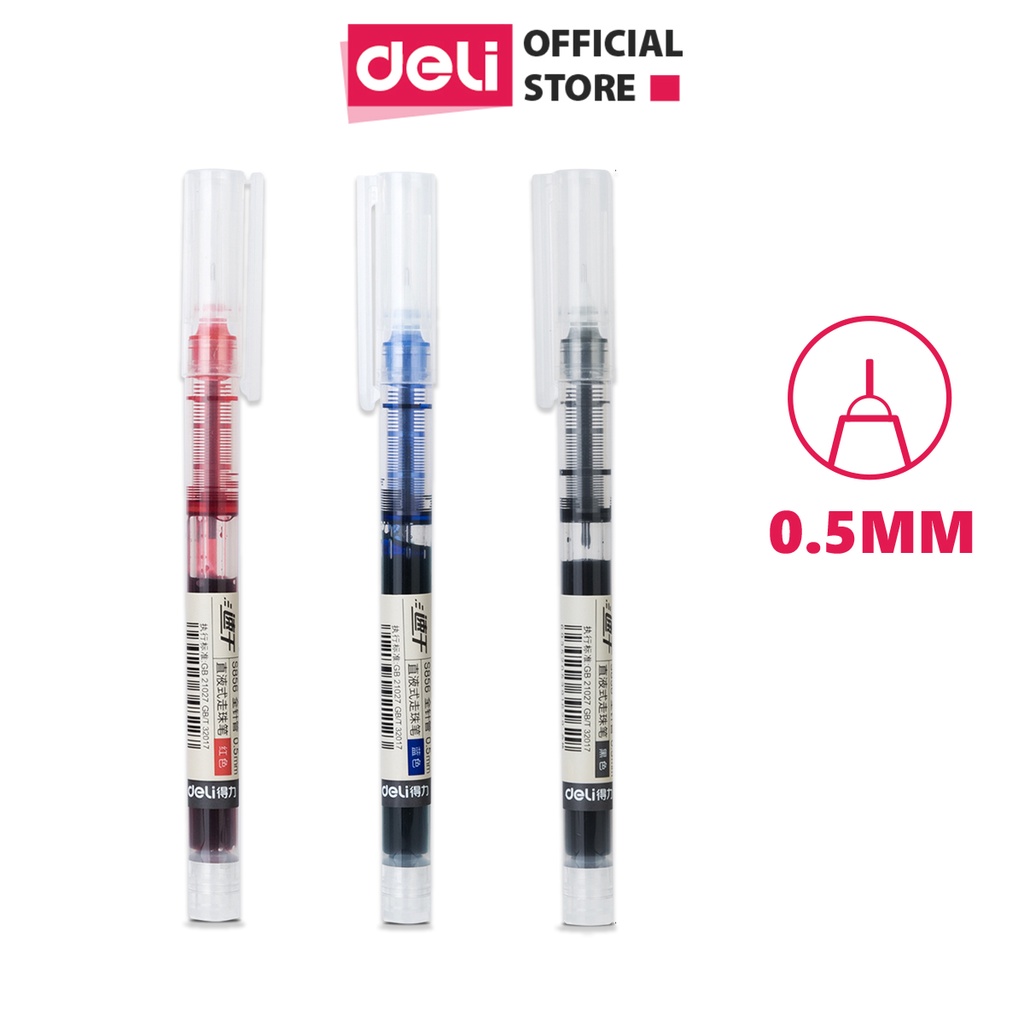 Bút Bi Nước Nhanh Khô Ngòi Êm Mực Đều Nắp Cài Ngòi 0.5mm Deli - Dùng Cho Văn Phòng Viết Bi Nước Thư Pháp Chép Kinh