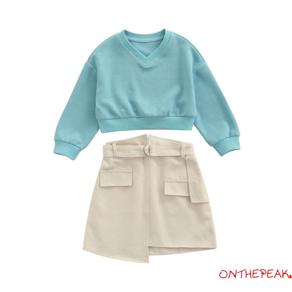 Set áo croptop tay dài cổ chữ V + chân váy màu sắc thời trang cho bé gái
