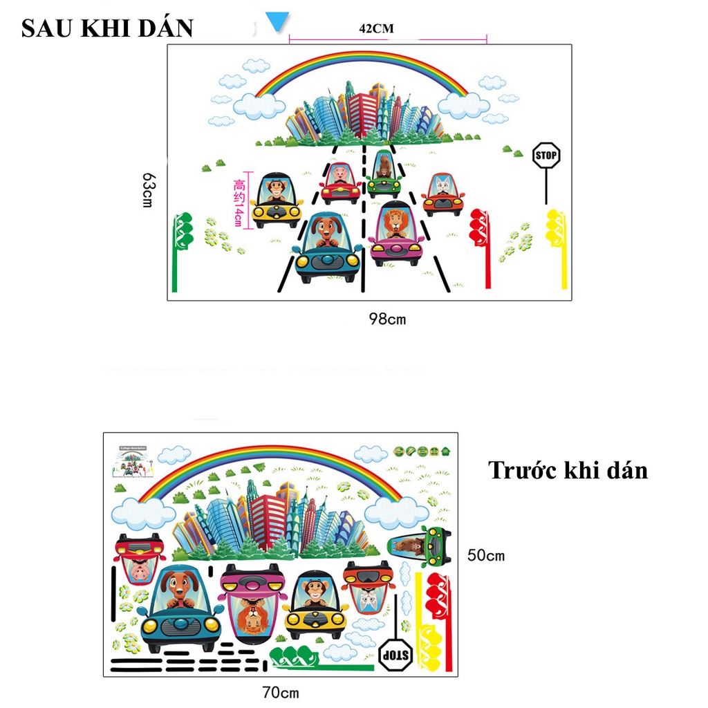 Decan dán tường, decan trang trí phòng cho bé hình động vật đua xe SK7046