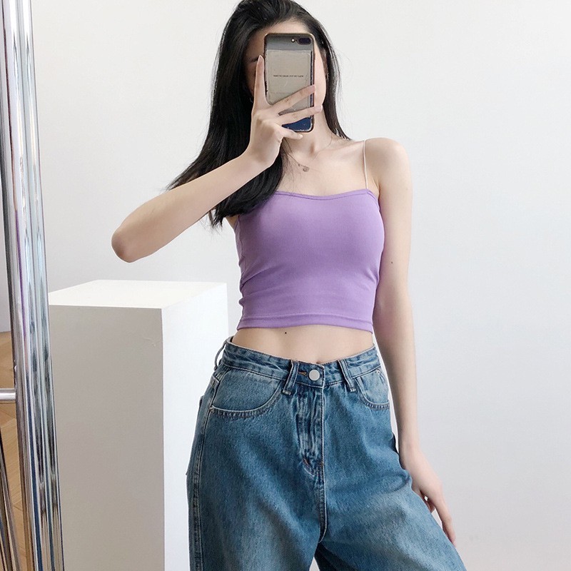 Áo hai dây bản to croptop nữ basic 2 màu trắng đen GURI