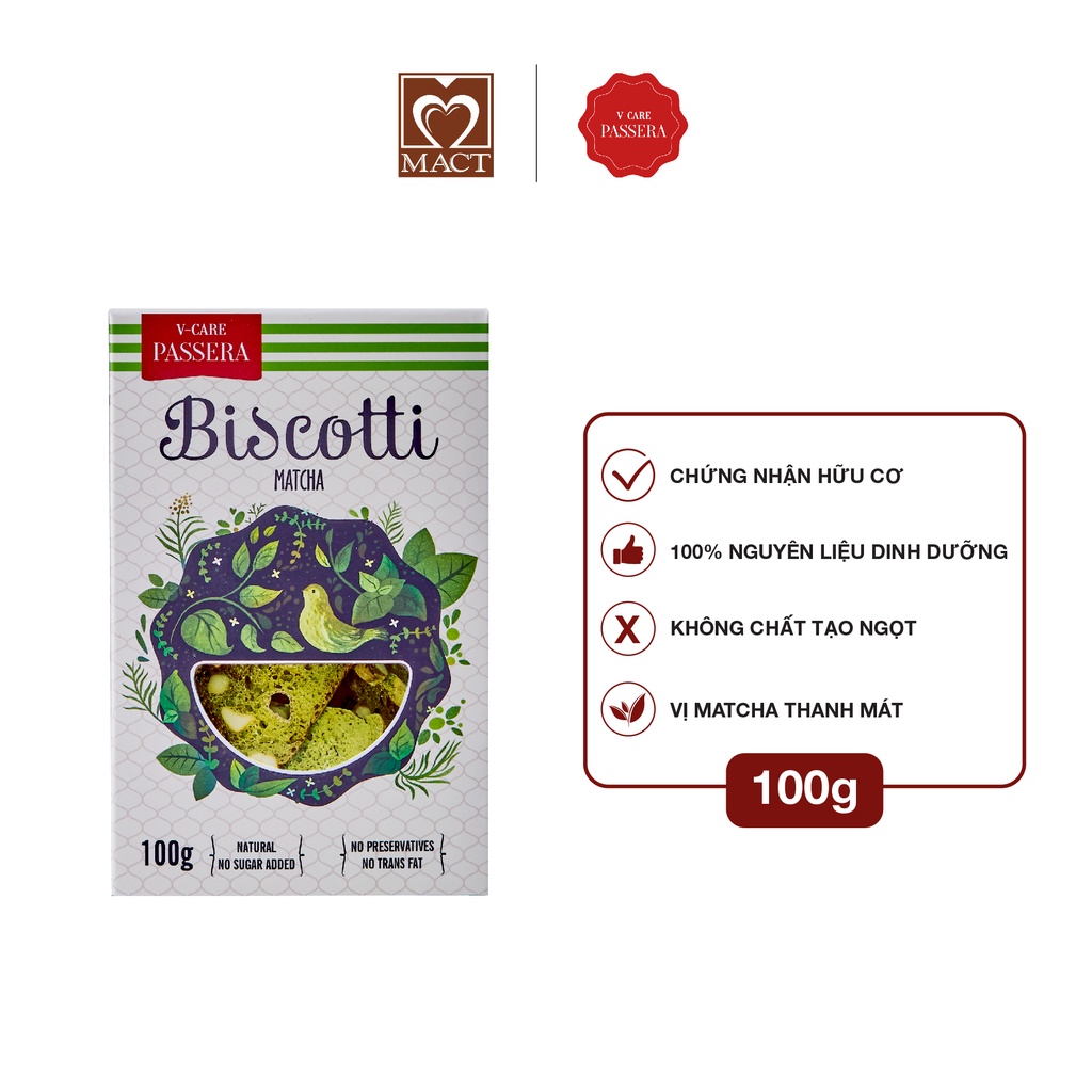 Bánh Biscotti nguyên cám V-CARE PASSERA – Vị Matcha Thanh mát – hộp 100g