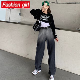 Quần Jean Dài Lưng Cao Dáng Rộng Màu Gradient/Xám/Đen Phong Cách Retro