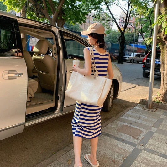 Đầm dệt kim ZHELIHANGFEI không tay họa tiết kẻ sọc thời trang cho nữ