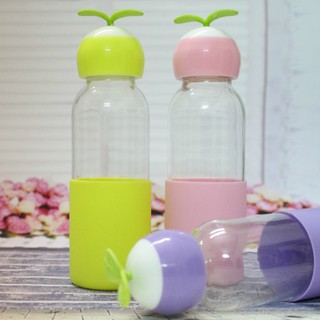 BÌNH NƯỚC THỦY TINH CÓ VỎ BỌC SILICON 300ML NẮP LÁ CÂY
