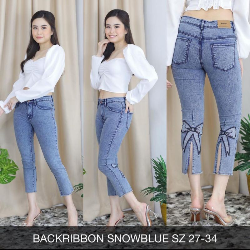 Hàng có sẵn. Quần jean RIBBON SNOW BLUE WHITE & NAVY 27-34 co giãn mềm mại