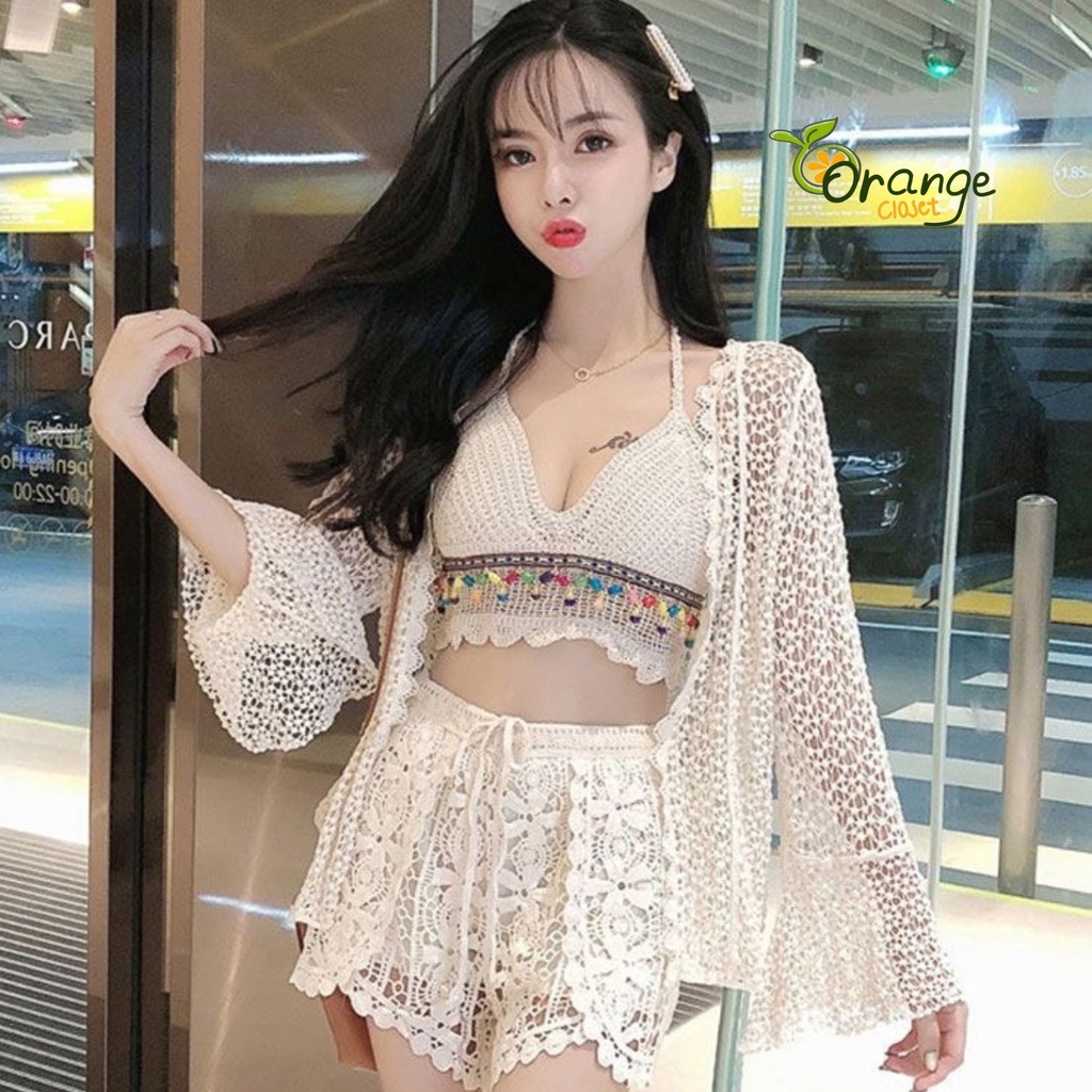 Bộ Bikini Ren Đi Biển 3 Món  Sét Bikini đi biển Bra Đi Biển Quần Áo Choàng Đi biển br10