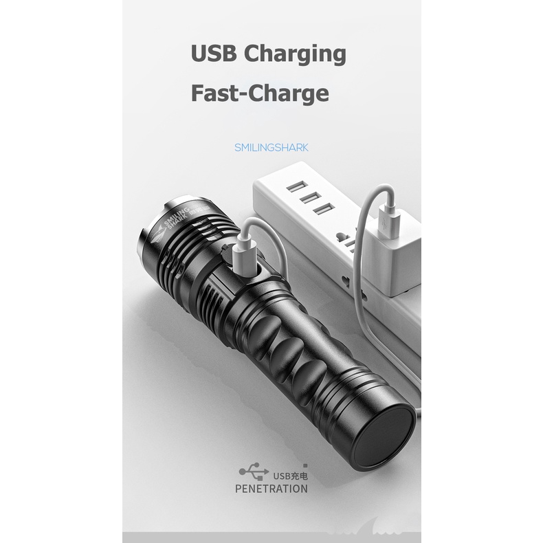 Đèn pin chiếu sáng E512 SMILING SHARK 26650 hạt đèn P70 sạc usb chống nước dùng để cắm trại ngoài trời