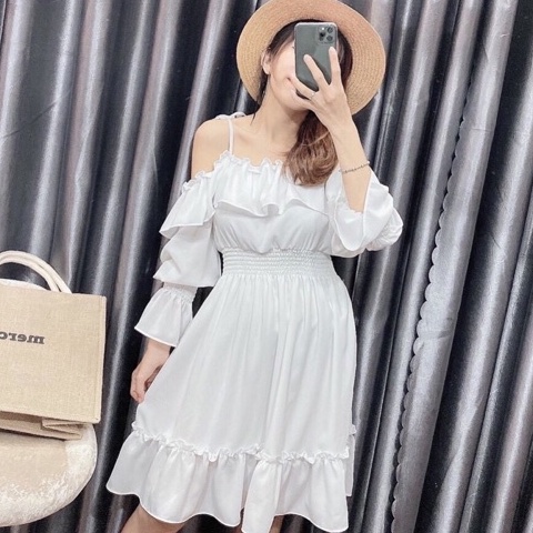 váy trắng dài trễ vai 2 dây tay bồng, đầm trắng tiểu thư dự tiệc