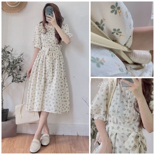 Đầm - Váy hoa nhí cổ tròn tay lỡ cúc ngực xinh xắn vintage