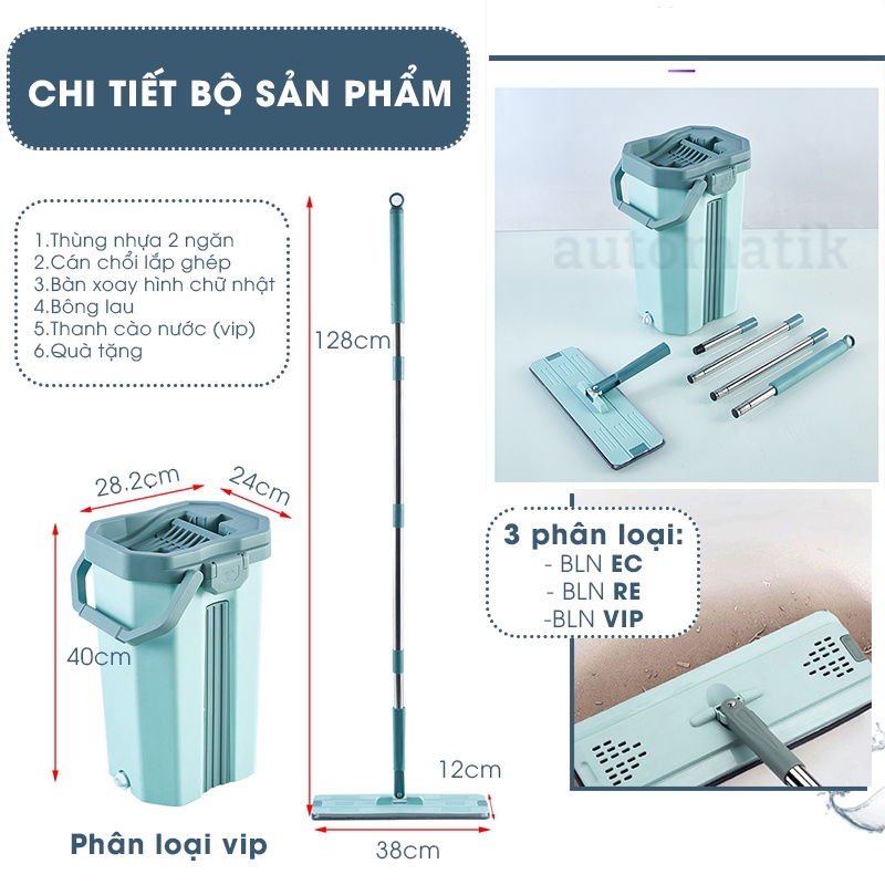 Cây Lau Nhà Tự Vắt Thông Minh Tự Động Tách Gạt Nước Bẩn Xoay 360 Đa Năng Vắt Trợ Lực Gấp Gọn Siêu Thấm Hút - Automatik