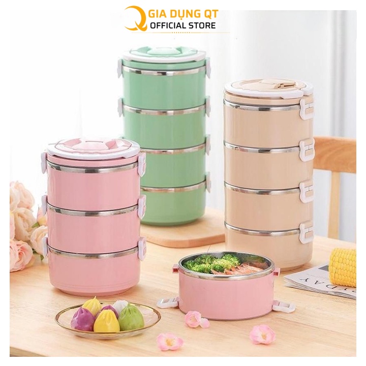 Hộp cơm giữ nhiệt 4 tầng lúa mạch, lõi inox - cặp lồng văn phòng, cà men tiện lợi, an toàn
