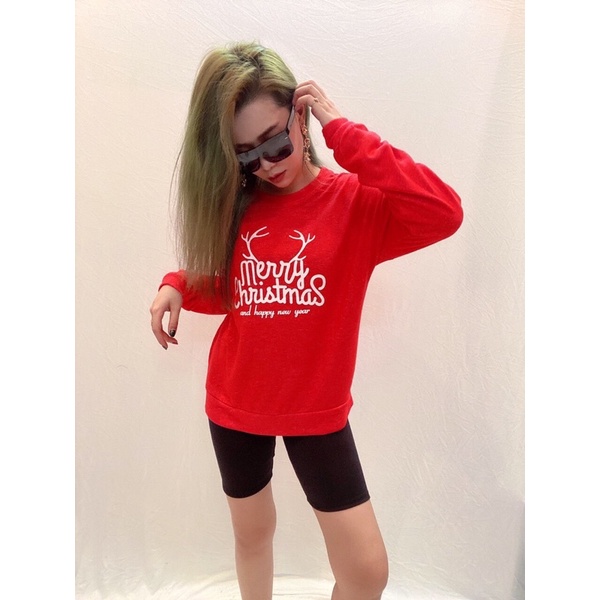Áo sweater dài tay đỏ len dệt kim in Merry Christmas vnxk