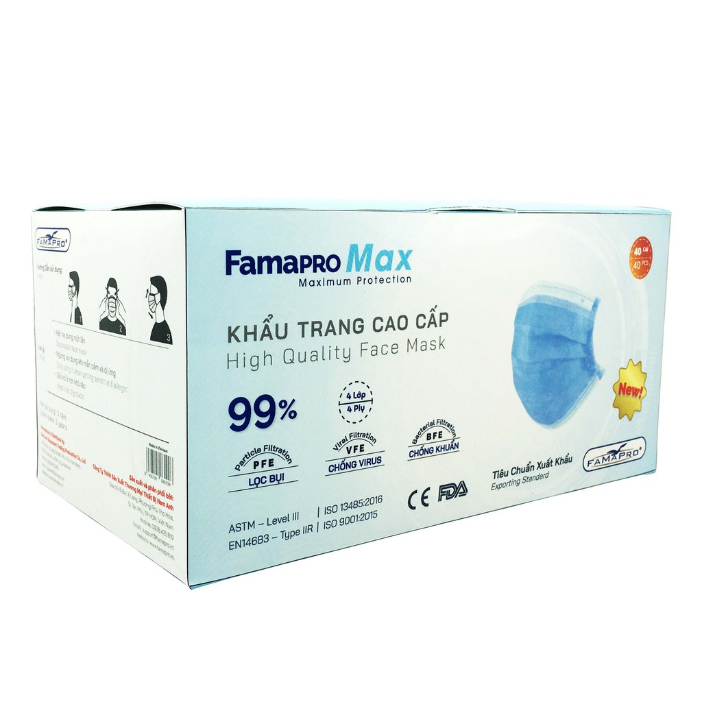 Hộp 40 Khẩu Trang Y Tế Nam Anh FAMAPRO MAX 4 Lớp - Lọc Bụi, Chống Virus, Kháng Khuẩn (40 CÁI/ HỘP)