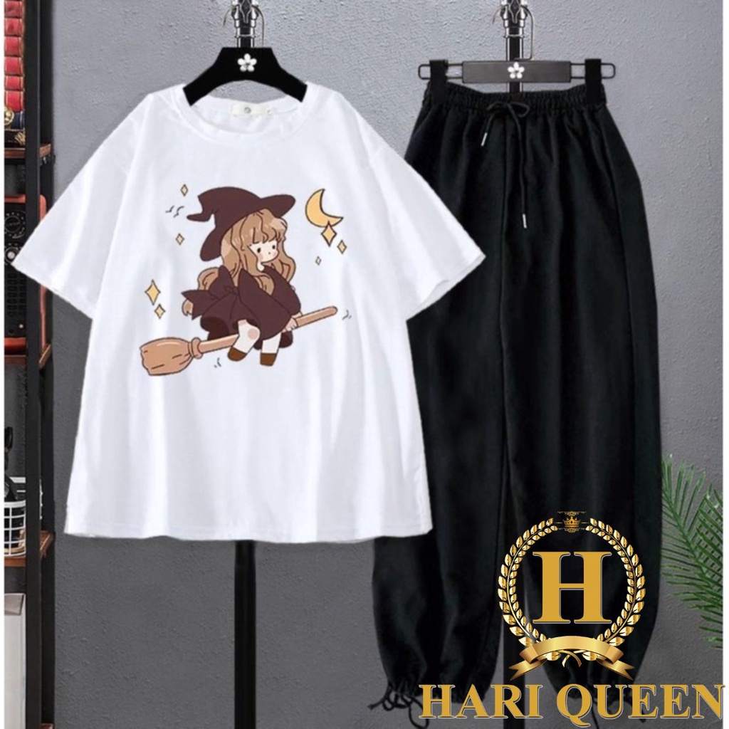 Sét áo phông cô gái phù thủy + quần ống rộng dài (quần bom đen chun gâu) HARIQUEEN