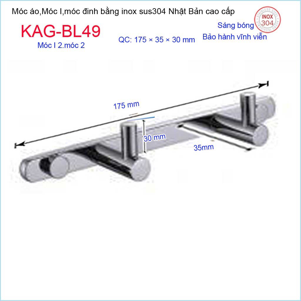 Móc khăn 2 Inox Kace, móc đôi Inox SUS304 Nhật Bản, móc treo đồ