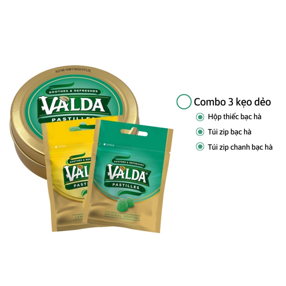 Combo 3 gói kẹo dẻo Valda Pastilles: Orginal Menthol 50g + 20g, Lemon Menthol