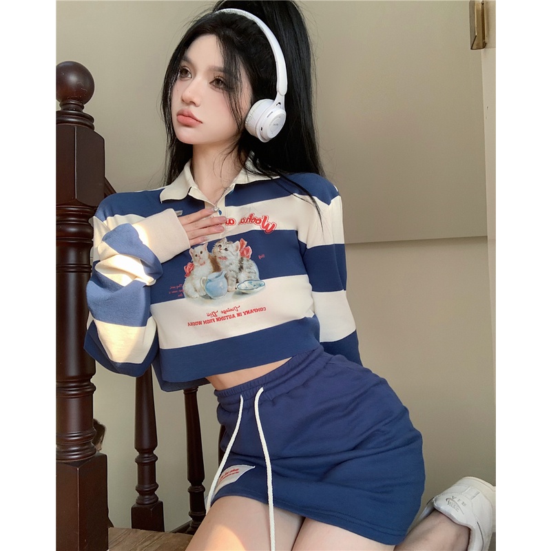 Set Áo Thun Tay Dài Kẻ Sọc In Hoạt Hình + Quần Lưng Cao Cột Dây Thời Trang Hàn Quốc Xinh Xắn Cho Nữ