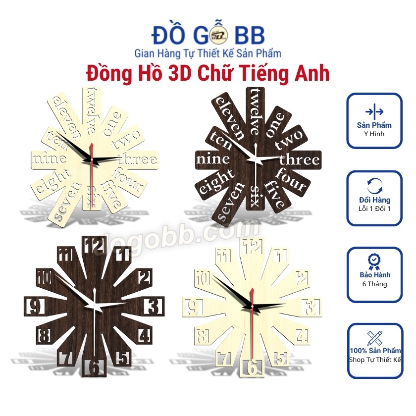 Đồng Hồ Gỗ Treo Tường Chữ Tiếng Anh Số Tiếng Anh Số 3D BH 12 Tháng - Đồ Gỗ BB