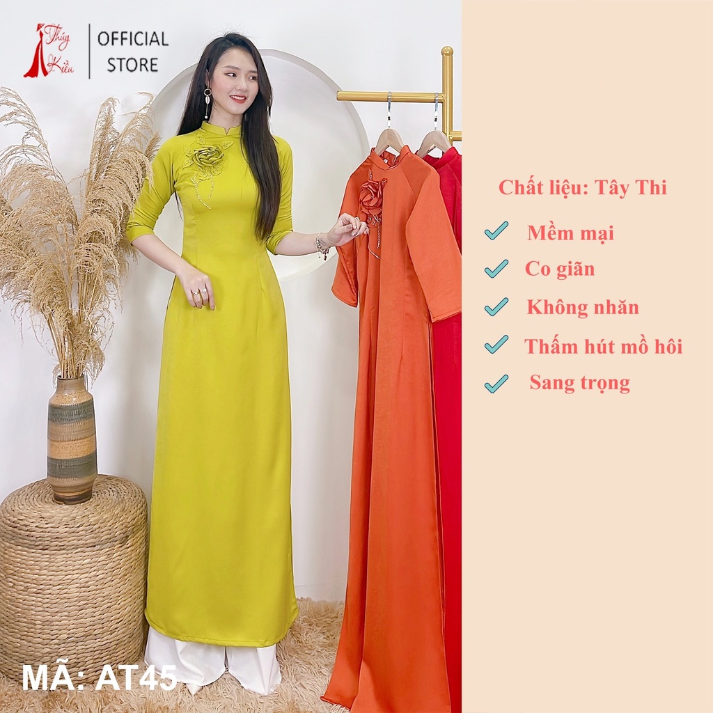 Áo dài lụa Tây Thy nền xanh cốm đính nhành hoa AT45 mềm mại, co giãn, áo dài giá rẻ