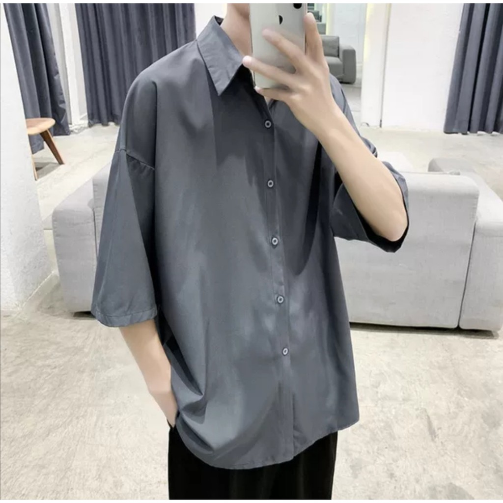 Áo sơ mi form rộng tay ngắn tay lỡ unisex nam nữ cá tính form Hàn Quốc vải lụa màu trắng đen xanh SMN02 | BigBuy360 - bigbuy360.vn