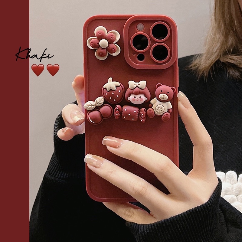 Ốp lưng ip pro camera đỏ đô kèm hoạ tiết nổi cute dễ thương dành cho ip