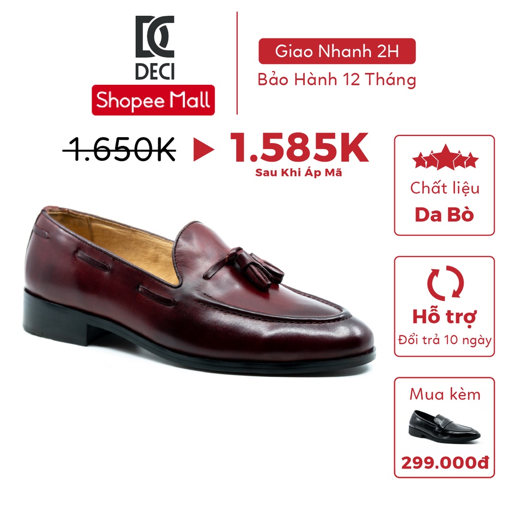 Giày tây nam DECI kiểu dáng giày lười Loafer màu rượu vang đỏ BROGUE 14