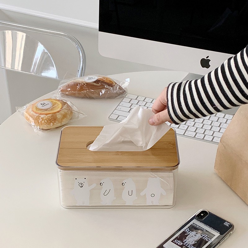 Hộp Đựng Khăn Giấy Hình Gấu Bắc Cực Trong Suốt Có Nắp Gỗ