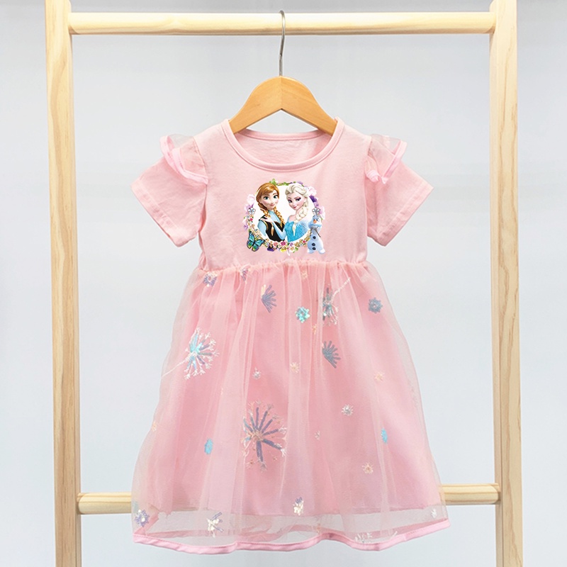 Đầm Công Chúa Elsa Anna Frozen 2 Bằng Cotton Tay Ngắn Phối Lưới Kiểu Hoạt Hình Cho Bé Gái