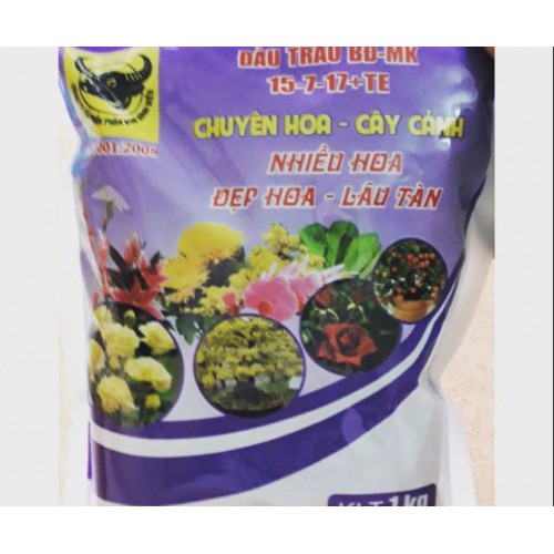 Gói 1kg Phân bón đầu trâu NPK 15-7-17+TE - nhiều hoa, đẹp hoa, lâu tàn - phân phối bởi NÔNG TRẠI TẠI GIA