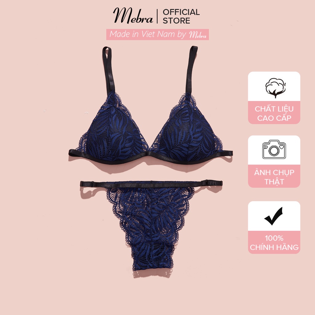 Set đồ lót bralette ren xanh coban áo mút mỏng không gọng quần dây thương hiệu Mebra A0105
