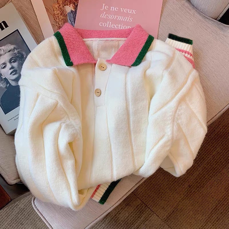 Áo Sweater Dệt Kim Cổ Polo Màu Sắc Tương Phản Thời Trang Thu Đông Cho Nữ