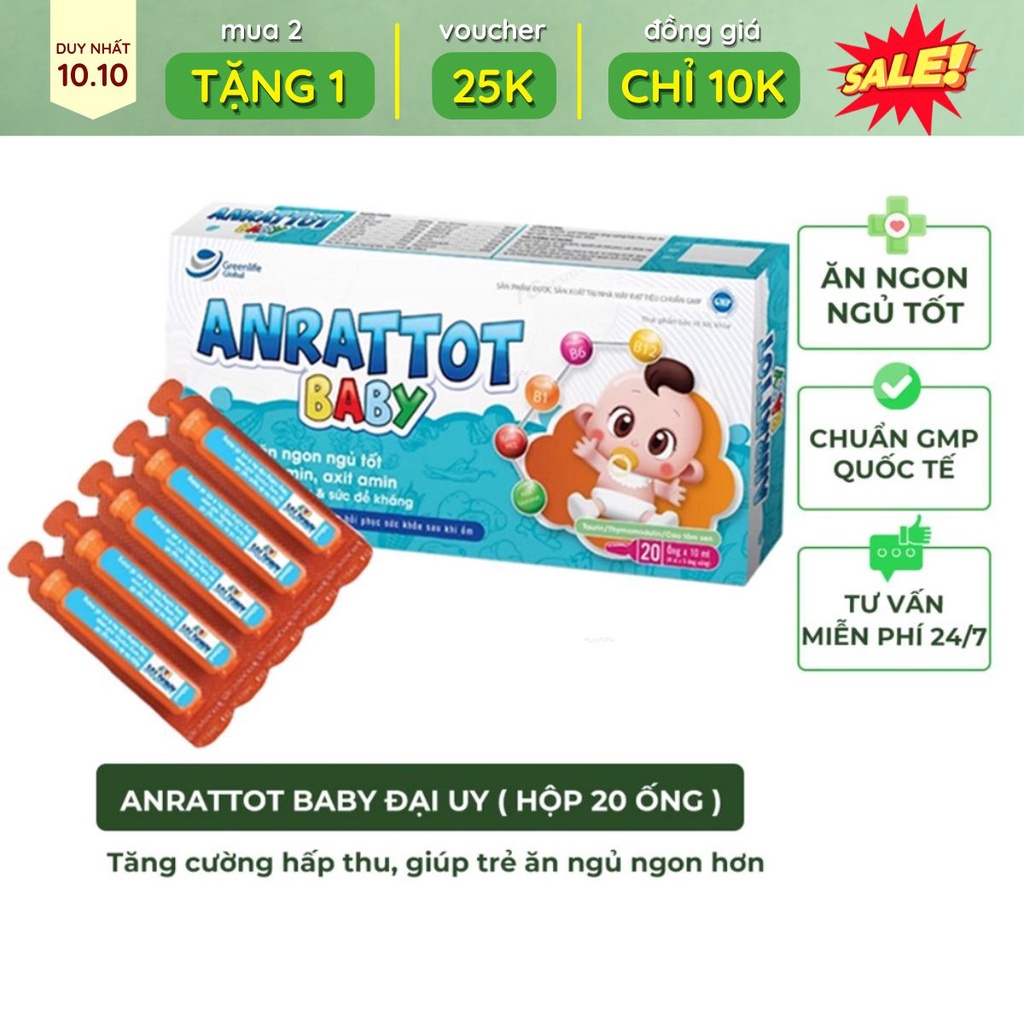 Siro ăn ngon ngủ ngon cho bé Anrattot Baby - Tăng cường hấp thu, giúp ăn ngủ ngon (Hộp 20 ống) DAIUY PHARMA