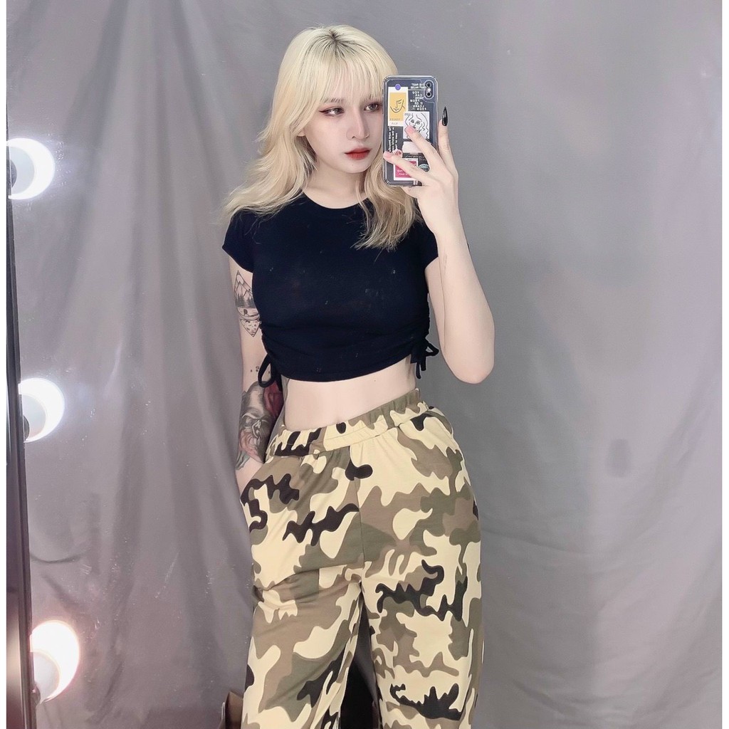 Sét bộ áo croptop tay ngắn cột eo phối quần jogger lính cực xinh , chất thun bozip mềm mịn ( ảnh thật )