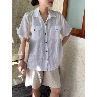 Shu shi - sơ mi tay ngắn 2 túi nắp cúc gỗ linen premium