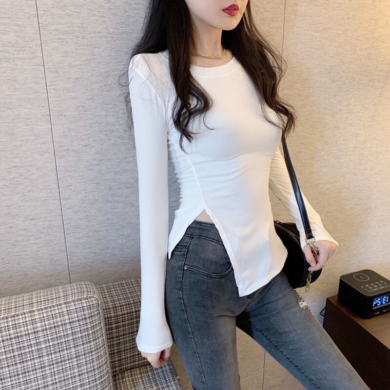 Jiashucheng Áo Thun Tay Dài Phong Cách Mới Mùa Thu 2023 Dáng Ôm Không Đối Xứng Thiết Kế Xẻ Tà Cân Xứng Máy Nghe Nhạ