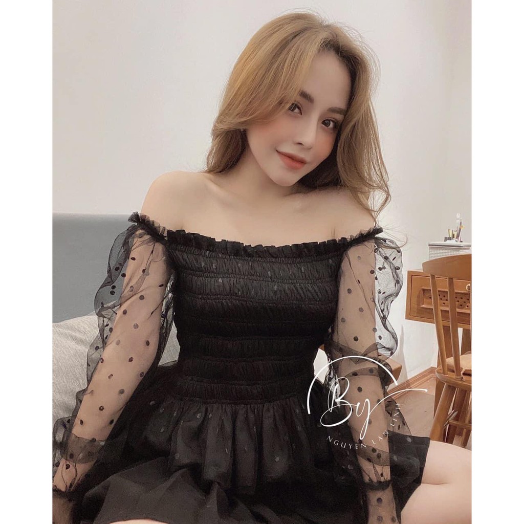 Áo Kiểu Hot Trend Chấm Bi Bẹt Vai Tay Lưới Dài Bo Tay Thân Nhún Điệu Đà TTKXA0003