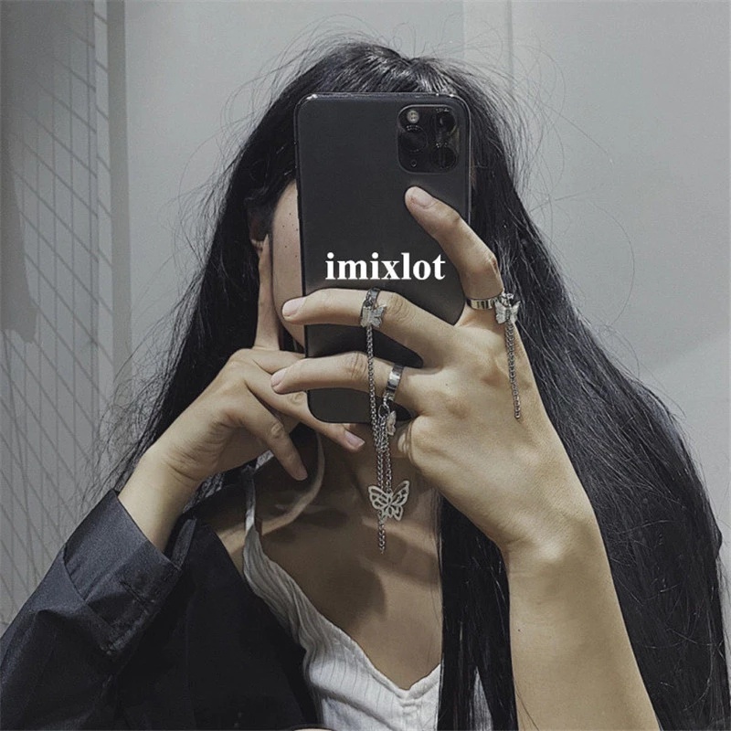 Nhẫn Dạng Hở Phối Dây Xích Hình Bướm Có Thể Điều Chỉnh Phong Cách Hip hop Thời Trang