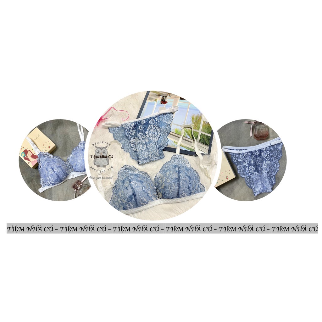 Set bra thiết kế sexy, Đồ lót nữ ren xanh gợi cảm ôm ngực nguyên set gồm áo + quần lọt khe dây