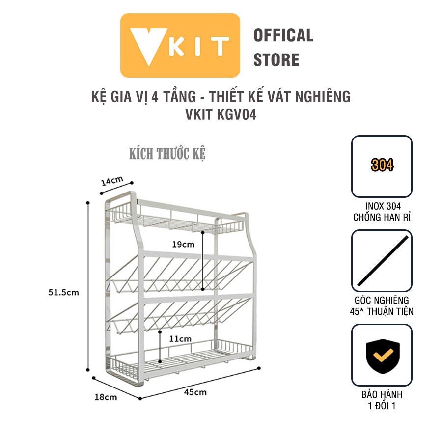 Kệ gia vị 4 tầng INOX 304 VKIT Thiết kế vát nghiêng tiện lợi KGV04