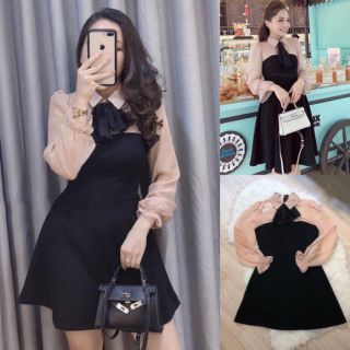 Đầm xòe phối voan tay dài cổ nơ hàng Thiết Kế