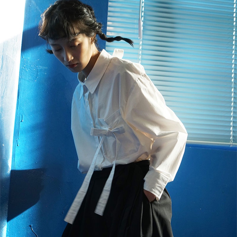 IELGY Áo Sơ Mi Trắng Tay Dài Dáng Rộng Thắt Nơ Thời Trang Dành Cho Nữ