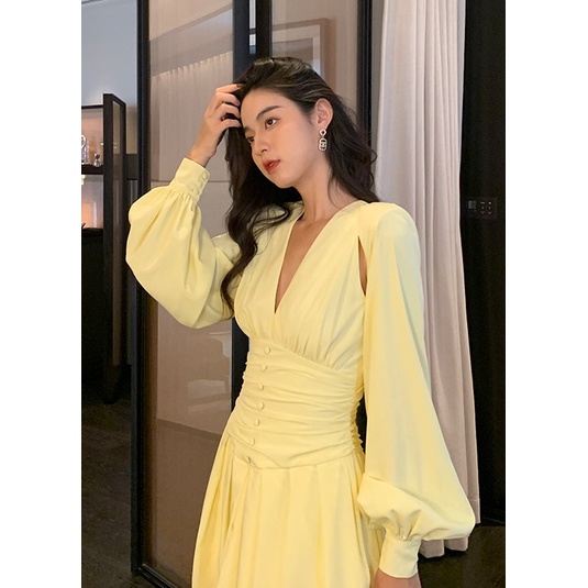 Đầm dáng xòe tay dài cổ v Emilyshop