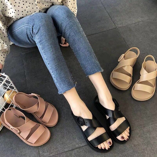 Giày Sandal Nữ, Nhựa Dẻo Đi Mưa Hapu (Đen, Hồng, Kem) - GL008